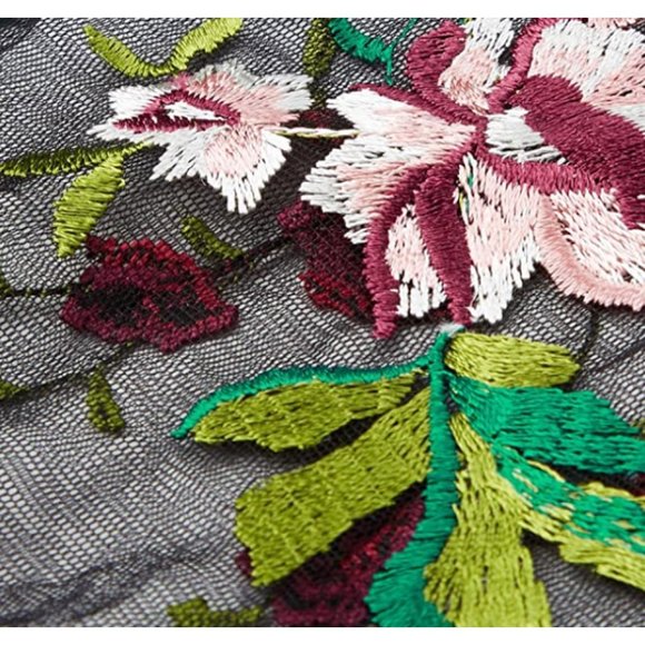 Black Floral Rose Embroidered Transparent Mesh Short Sleeve Crop Top - Picture 5 of 6